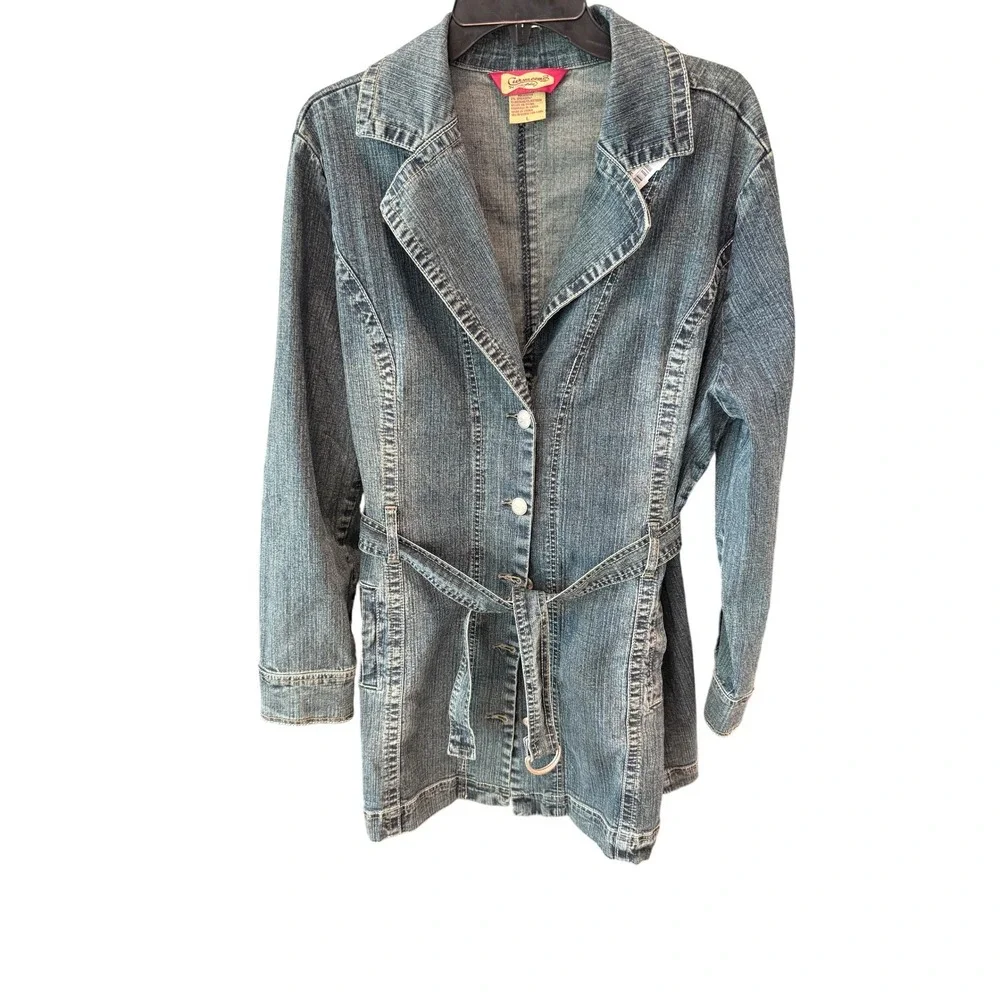 Y2K Vintage Curvaceous Denim Jean Jacket Belted Button Down Blue Womens Size L